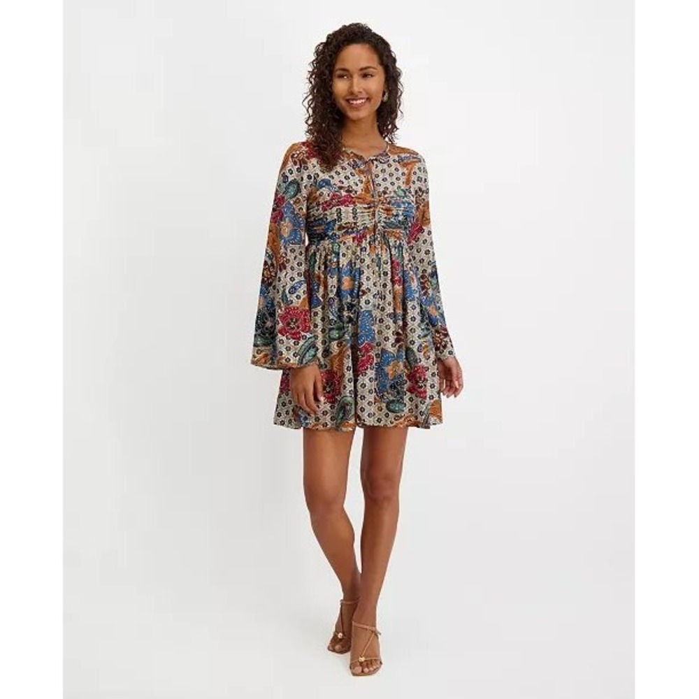 Kensie Women Paisley Floral Mini Dress Bell Sleeve Boho Tie Neck Size 4 NWT